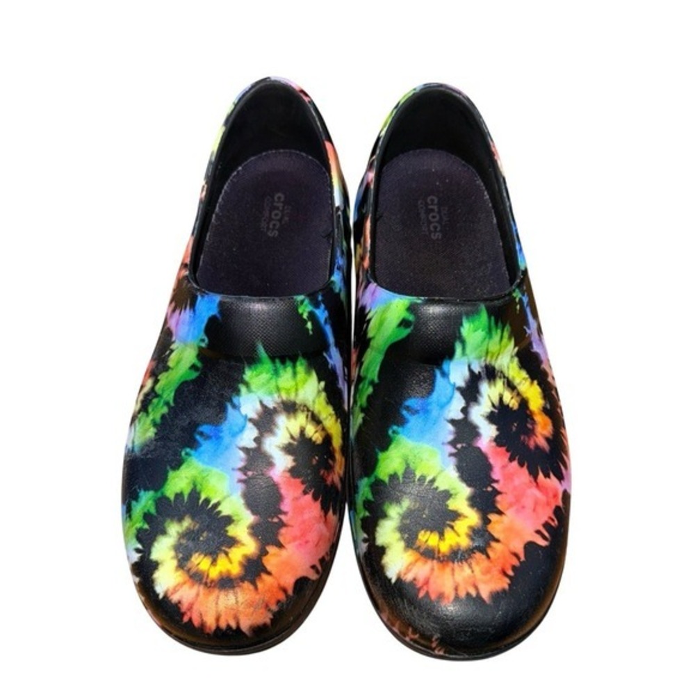 Crocs Neria Pro II Clog‎ Womens 10 Pre-Owned Work Shoes Black Tie Dye Rainbow